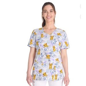 Disney Simba Lion King Whimsical Blue Floral Stretch Scrub Top Pockets Sz 3X NWT